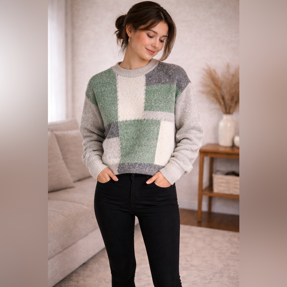 VTG Alfred Dunner Sweater PM Patchwork Knit Crew‎ Neck Pullover Green Gray White